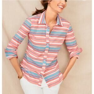 Talbots Womens XL Sunset Stripe Classic Casual 3/4 Sleeve Button Up Shirt Beach
